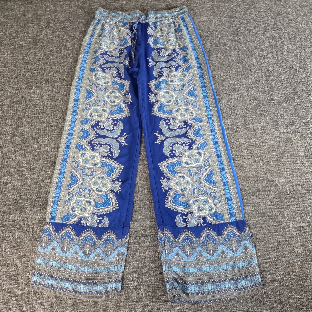 Rose & Thyme Blue Paisley Wide Leg Boho Pants Small Rayon Drawstring Waist